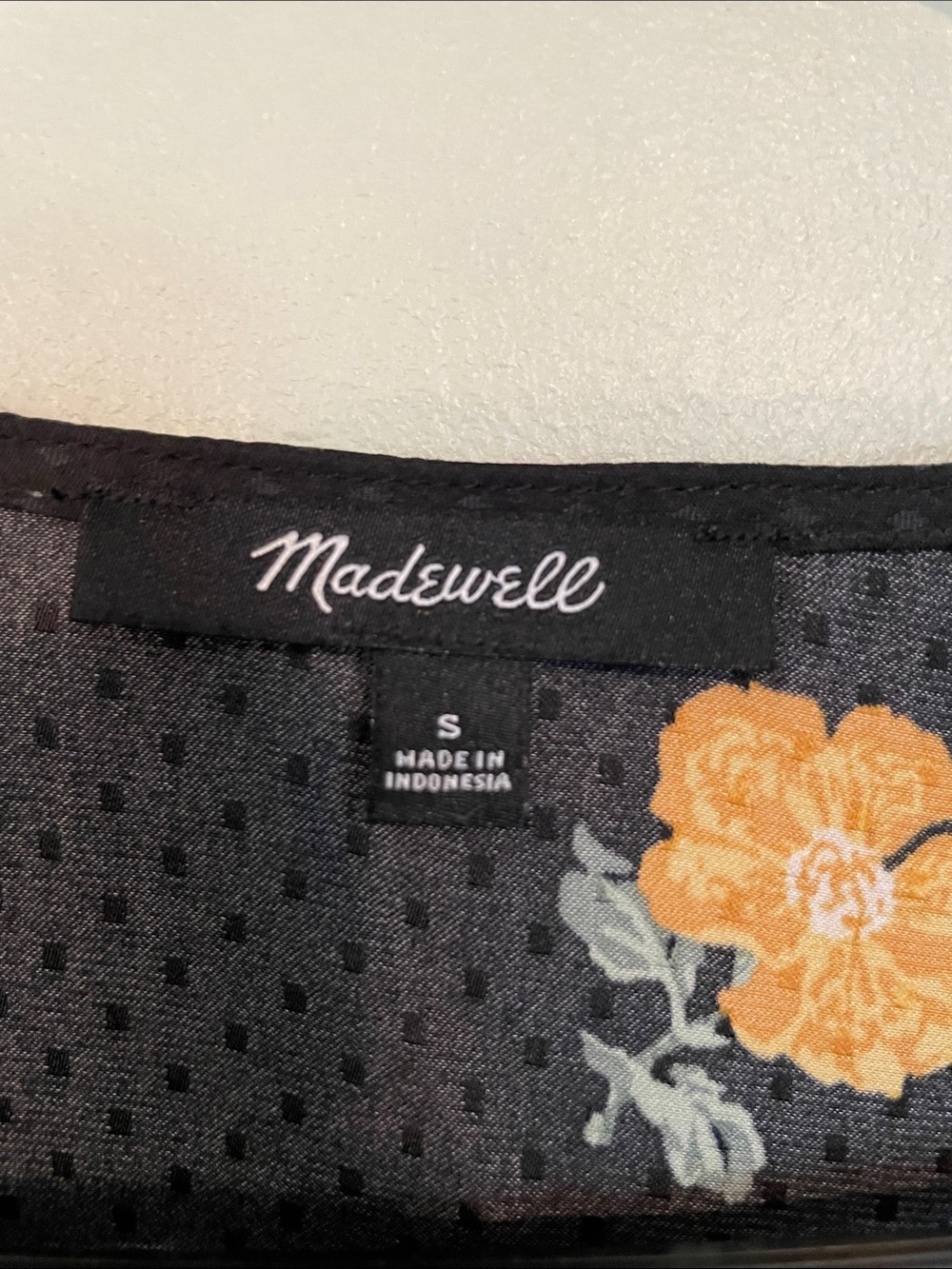 S Madewell Black faux Wrap Blouse with Orange Floral Print - Picture 2 of 4